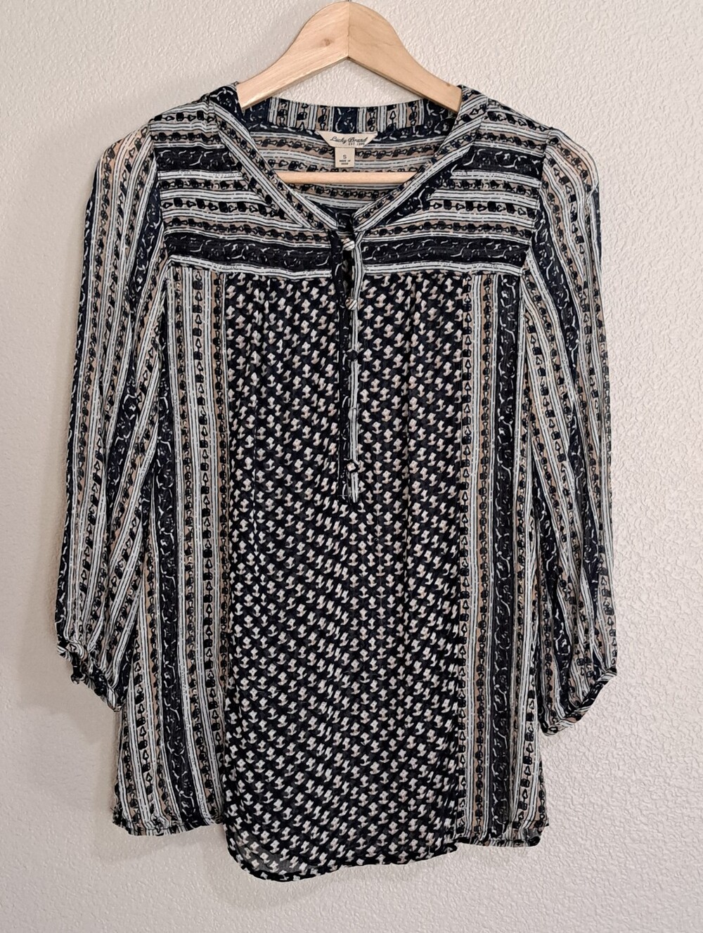 Lucky Brand 3/4 Sleeve Popover Peasant Blouse Small Boho